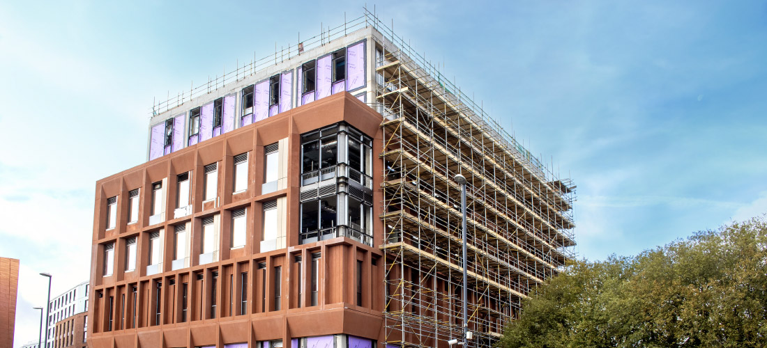Derby University Business School new construction project city centre provision of scaffolding, temporary access and haki staircase Enigma industrial services