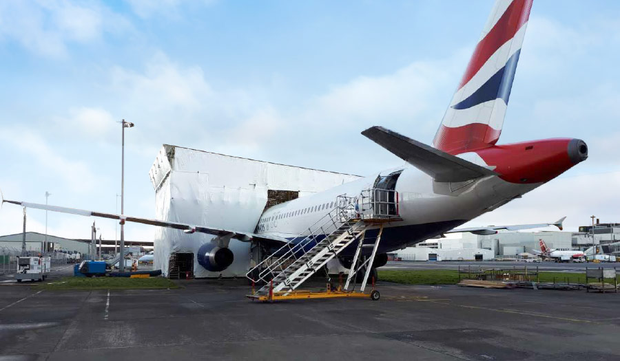 Mobile Temporary Roofs BA haki shelter british airways temporary hanger hakitec 450 wheels enigma uk