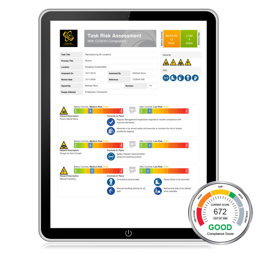 compliance tool task risk assessment coshh compliance software qshe health safety uk enigma