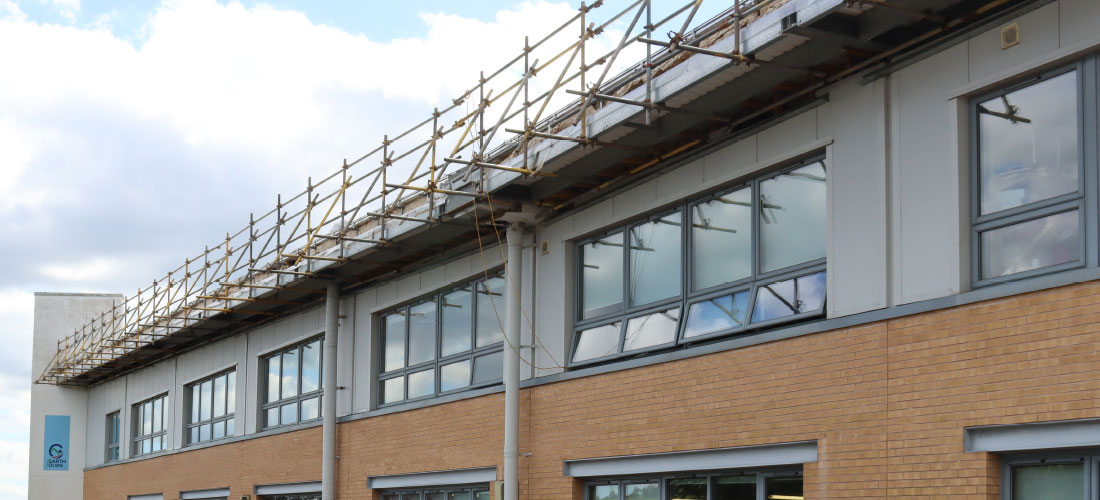 scaffold staircase edge protection roofing project vinci Ysgol Garth School Rhondda enigma